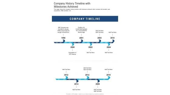 Company History Timeline With Milestones Achieved One Pager Documents Company History Timeline With Milestones Achieved One Pager Documents