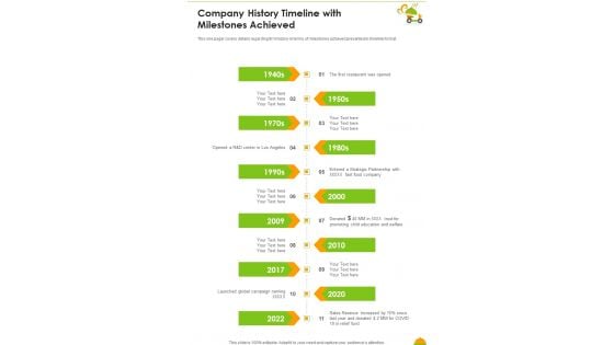 Company History Timeline With Milestones Achieved Template 101 One Pager Documents