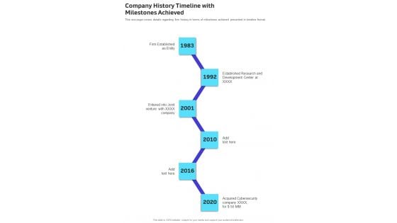 Company History Timeline With Milestones Achieved Template 13 One Pager Documents