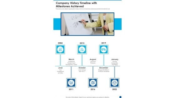 Company History Timeline With Milestones Achieved Template 154 One Pager Documents