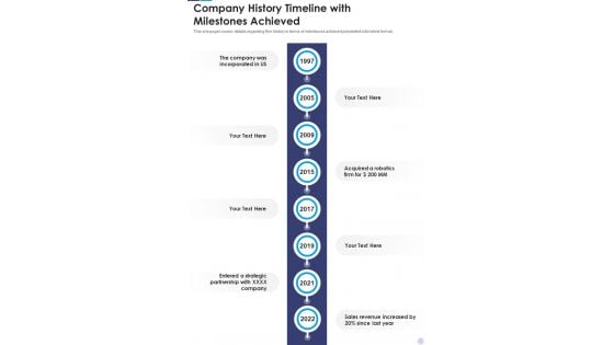 Company History Timeline With Milestones Achieved Template 186 One Pager Documents