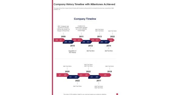 Company History Timeline With Milestones Achieved Template 272 One Pager Documents