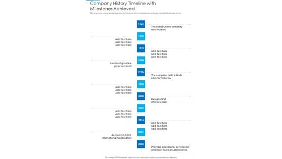 Company History Timeline With Milestones Achieved Template 298 One Pager Documents