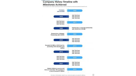 Company History Timeline With Milestones Achieved Template 352 One Pager Documents