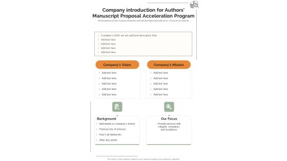 Company Introduction For Authors Manuscript Proposal Acceleration Program One Pager Sample Example Document
