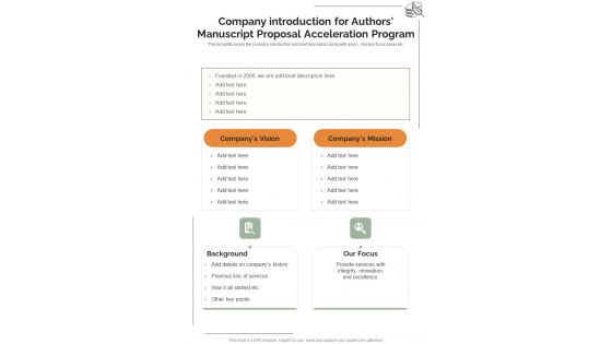 Company Introduction For Authors Manuscript Proposal Acceleration Program One Pager Sample Example Document Company Introduction For Authors Manuscript Proposal Acceleration Program One Pager Sample Example Document