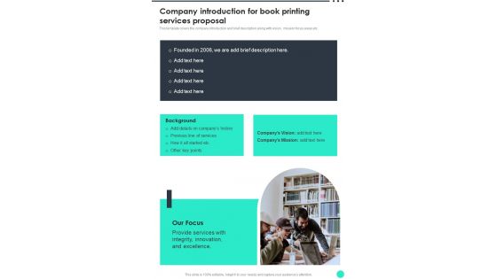 Company Introduction For Book Printing Services Proposal One Pager Sample Example Document Company Introduction For Book Printing Services Proposal One Pager Sample Example Document