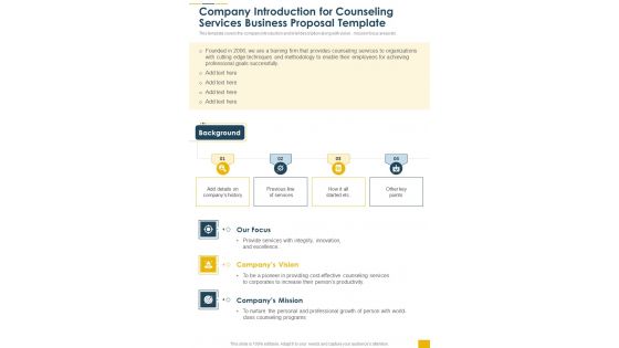 Company Introduction For Counseling Services Business Proposal Template One Pager Sample Example Document Company Introduction For Counseling Services Business Proposal Template One Pager Sample Example Document