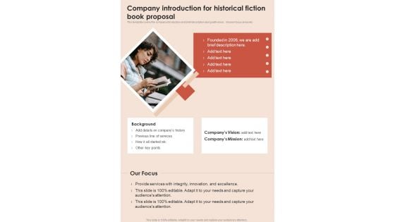 Company Introduction For Historical Fiction Book Proposal One Pager Sample Example Document