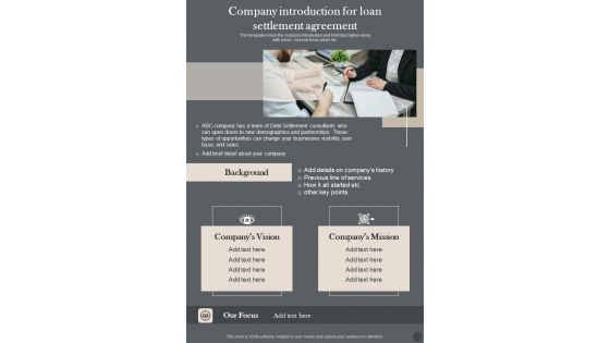 Company Introduction For Loan Settlement Agreement One Pager Sample Example Document Company Introduction For Loan Settlement Agreement One Pager Sample Example Document