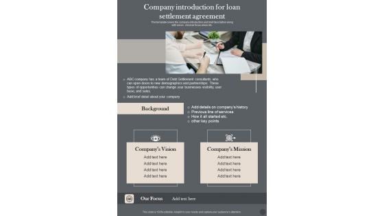 Company Introduction For Loan Settlement Agreement One Pager Sample Example Document