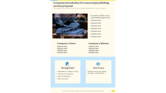 Company Introduction For Manuscript Publishing Services Proposal One Pager Sample Example Document Company Introduction For Manuscript Publishing Services Proposal One Pager Sample Example Document