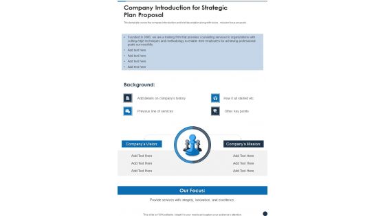 Company Introduction For Strategic Plan Proposal One Pager Sample Example Document