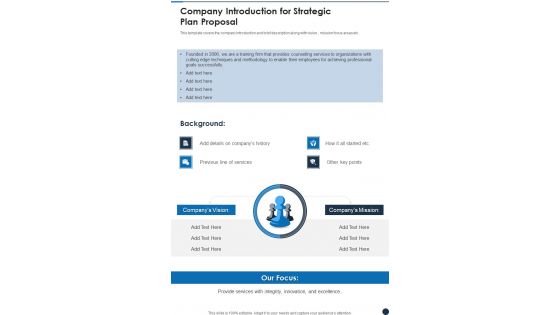Company Introduction For Strategic Plan Proposal One Pager Sample Example Document Company Introduction For Strategic Plan Proposal One Pager Sample Example Document