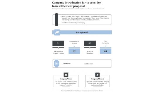 Company Introduction For To Consider Loan Settlement Proposal One Pager Sample Example Document Company Introduction For To Consider Loan Settlement Proposal One Pager Sample Example Document