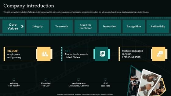 Company Introduction Movie Editing Company Outline Infographics PDF