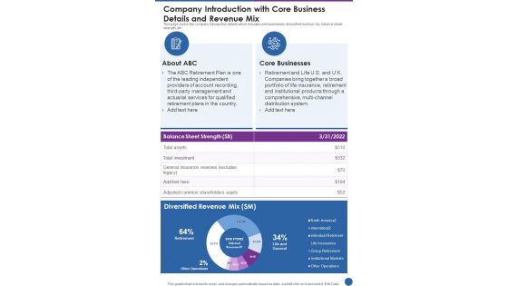 Company Introduction With Core Business Details And Revenue Mix One Pager Documents