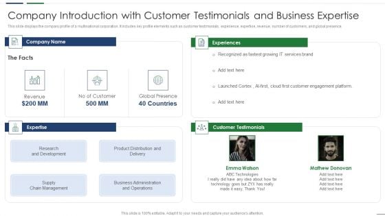 Company Introduction With Customer Testimonials And Business Expertise Inspiration PDF