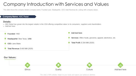 Company Introduction With Services And Values Formats PDF