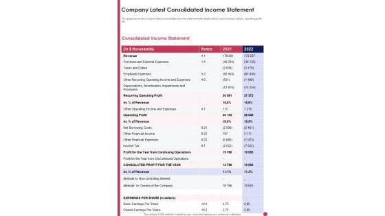 Company Latest Consolidated Income Statement Template 273 One Pager Documents