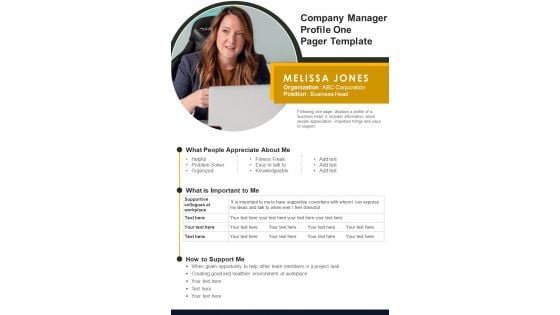 Company Manager Profile One Pager Template PDF Document PPT Template Company Manager Profile One Pager Template PDF Document PPT Template