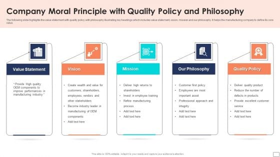 Company Moral Principle With Quality Policy And Philosophy Ppt Portfolio Demonstration PDF