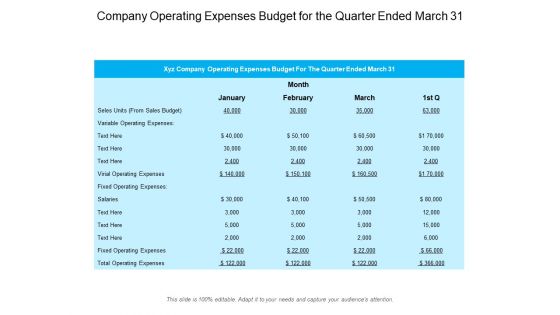 Company Operating Expenses Budget For The Quarter Ended March 31 Ppt PowerPoint Presentation Professional Background Designs PDF