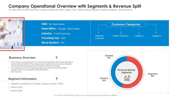 Company Operational Overview With Segments And Revenue Split Designs PDF