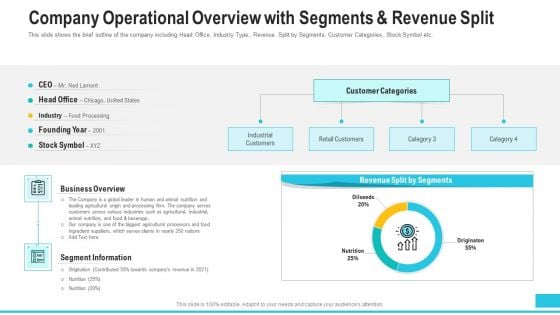 Company Operational Overview With Segments And Revenue Split Professional PDF