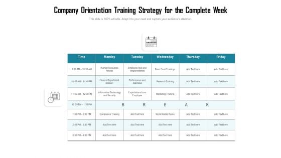 Company Orientation Training Strategy For The Complete Week Ppt PowerPoint Presentation File Master Slide PDF