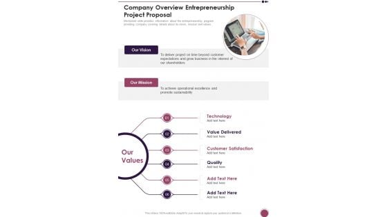 Company Overview Entrepreneurship Project Proposal One Pager Sample Example Document
