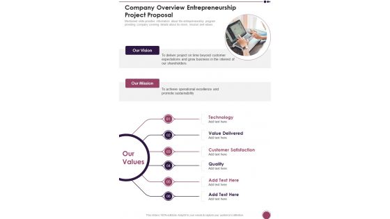 Company Overview Entrepreneurship Project Proposal One Pager Sample Example Document Company Overview Entrepreneurship Project Proposal One Pager Sample Example Document