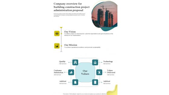 Company Overview For Building Construction Project Administration Proposal One Pager Sample Example Document Company Overview For Building Construction Project Administration Proposal One Pager Sample Example Document