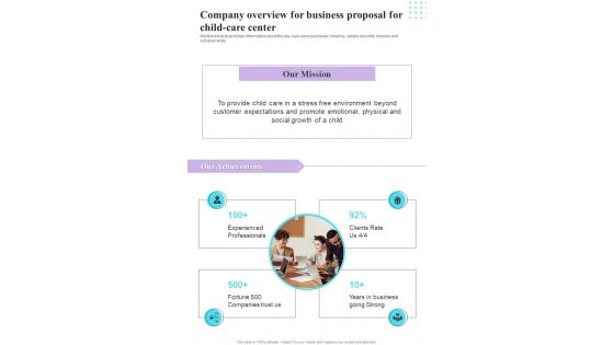 Company Overview For Business Proposal For Child Care Center One Pager Sample Example Document