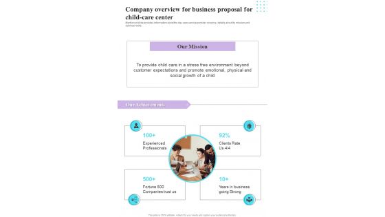 Company Overview For Business Proposal For Child Care Center One Pager Sample Example Document Company Overview For Business Proposal For Child Care Center One Pager Sample Example Document