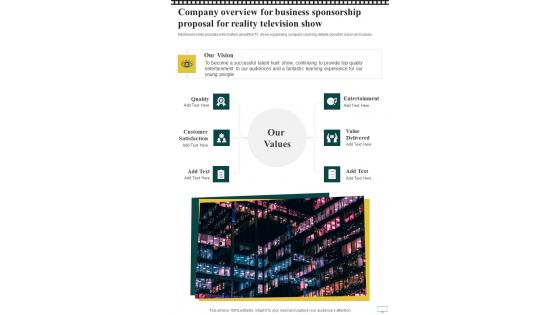 Company Overview For Business Sponsorship Proposal For Reality Television Show One Pager Sample Example Document Company Overview For Business Sponsorship Proposal For Reality Television Show One Pager Sample Example Document