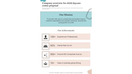 Company Overview For Child Daycare Center Proposal One Pager Sample Example Document Company Overview For Child Daycare Center Proposal One Pager Sample Example Document