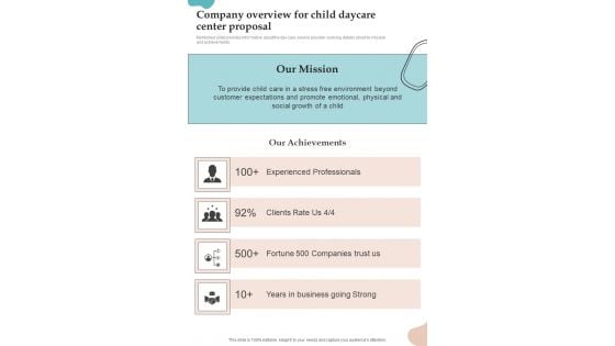 Company Overview For Child Daycare Center Proposal One Pager Sample Example Document