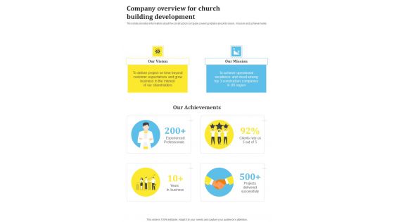 Company Overview For Church Building Development One Pager Sample Example Document