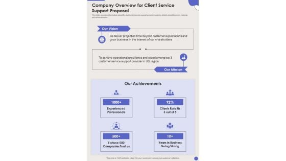 Company Overview For Client Service Support Proposal One Pager Sample Example Document Company Overview For Client Service Support Proposal One Pager Sample Example Document