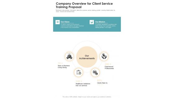 Company Overview For Client Service Training Proposal One Pager Sample Example Document