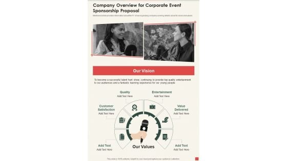 Company Overview For Corporate Event Sponsorship Proposal One Pager Sample Example Document Company Overview For Corporate Event Sponsorship Proposal One Pager Sample Example Document
