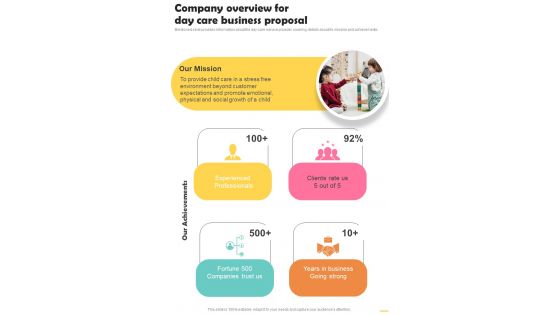 Company Overview For Day Care Business Proposal One Pager Sample Example Document