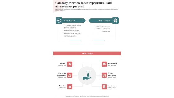 Company Overview For Entrepreneurial Skill Advancement Proposal One Pager Sample Example Document