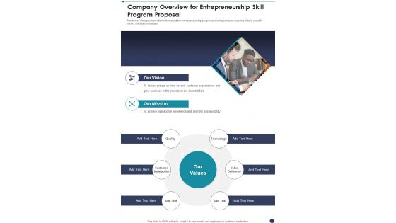 Company Overview For Entrepreneurship Skill Program Proposal One Pager Sample Example Document Company Overview For Entrepreneurship Skill Program Proposal One Pager Sample Example Document