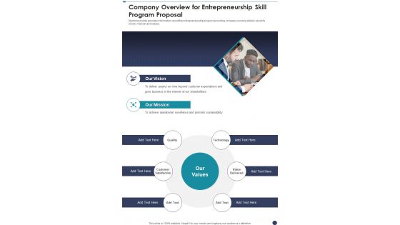 Company Overview For Entrepreneurship Skill Program Proposal One Pager Sample Example Document