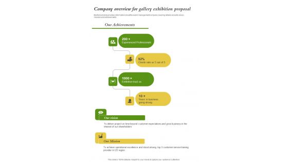 Company Overview For Gallery Exhibition Proposal One Pager Sample Example Document Company Overview For Gallery Exhibition Proposal One Pager Sample Example Document