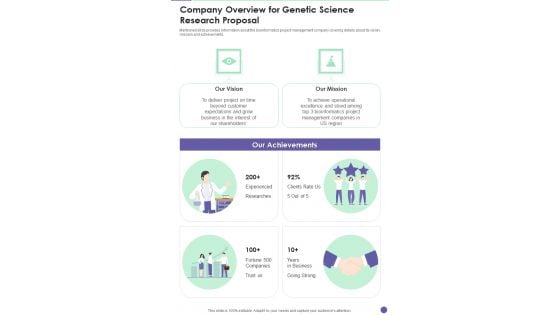 Company Overview For Genetic Science Research Proposal One Pager Sample Example Document