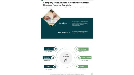 Company Overview For Project Development Planning Proposal Template One Pager Sample Example Document