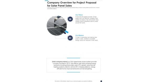 Company Overview For Project Proposal For Solar Panel Sales One Pager Sample Example Document